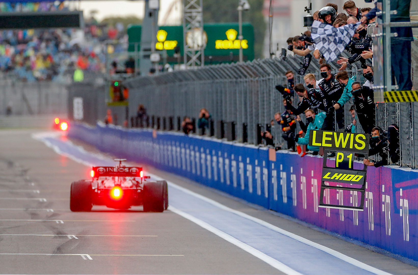 Lewis claims an historic 100th F1 career victory for the Mercedes-AMG Petronas F1 Team in a pulsating Russian Grand Prix