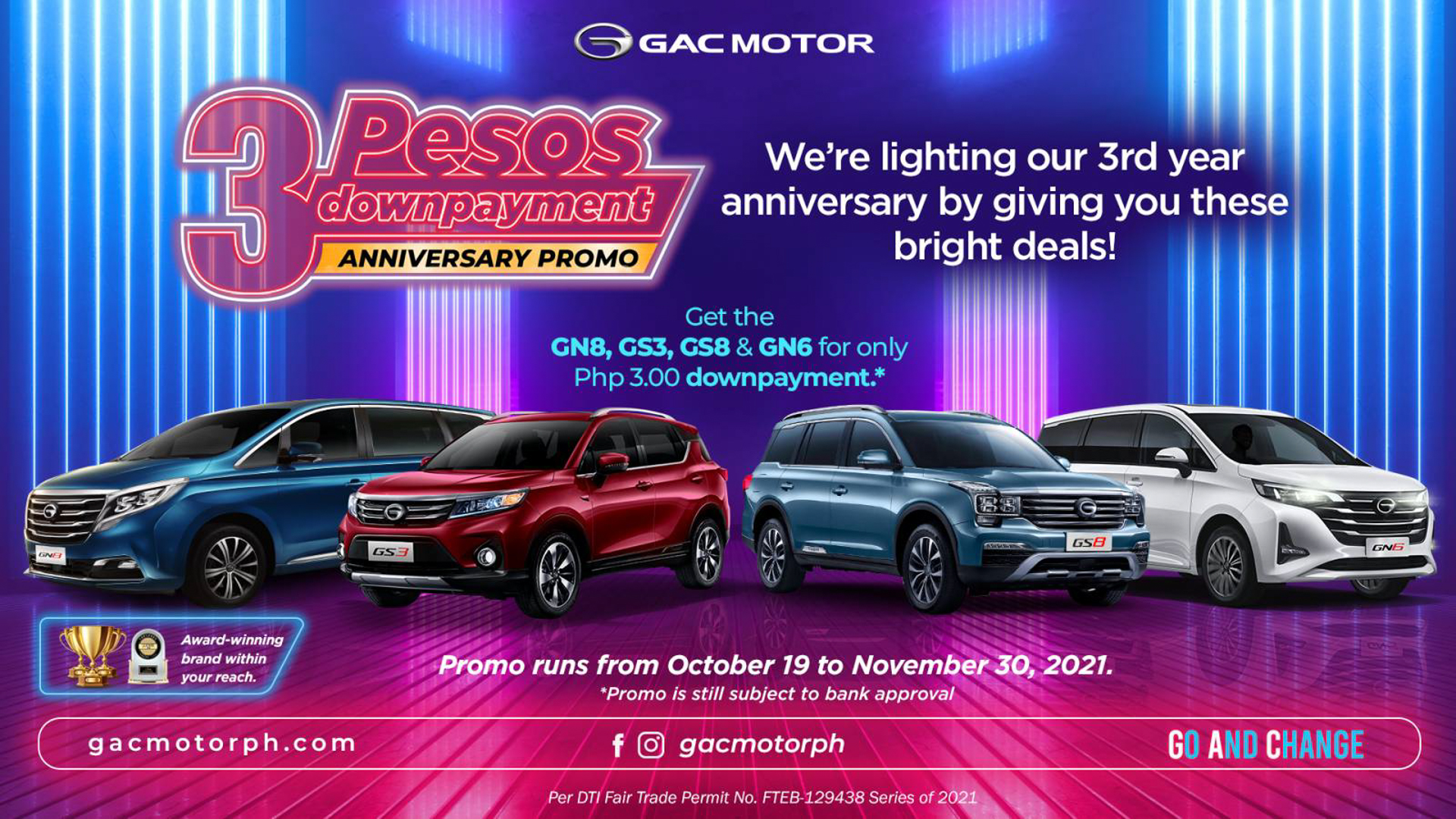GAC Motor PH celebrates 3rd year anniversary with Php 3.00 down payment